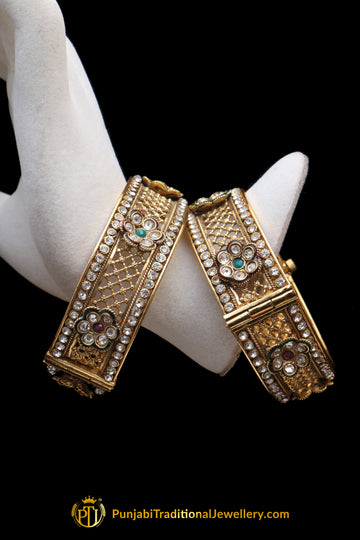 Antique Gold Rubby Green Polki Karra Bangles (Pair) By Punjabi Traditional Jewellery